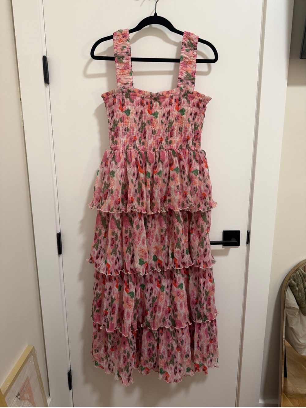 Ganni Pink Floral Tiered Midi Dress